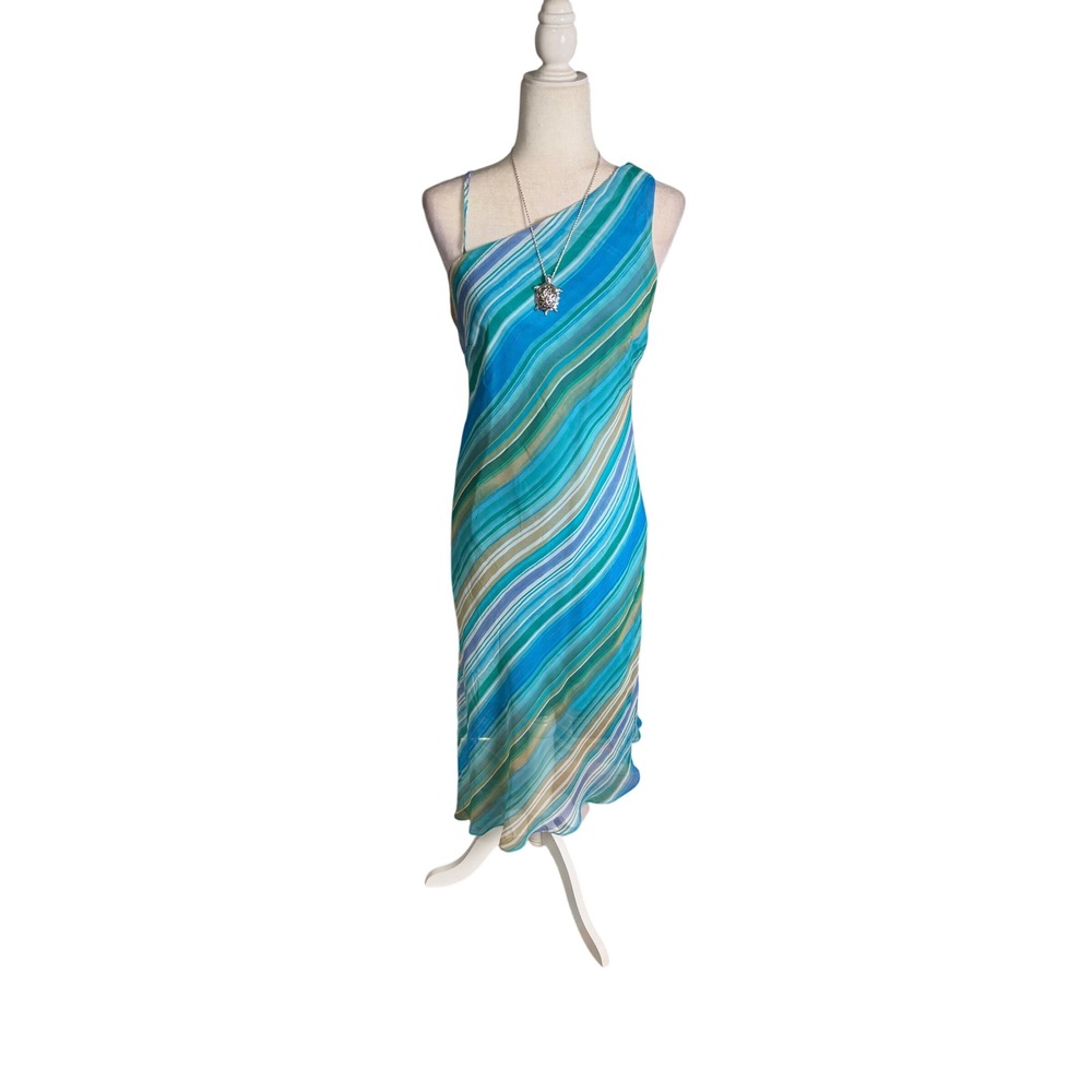 Vintage Rabbit Rabbit Rabbit One Shoulder Blue Striped Midi Dress Size 10